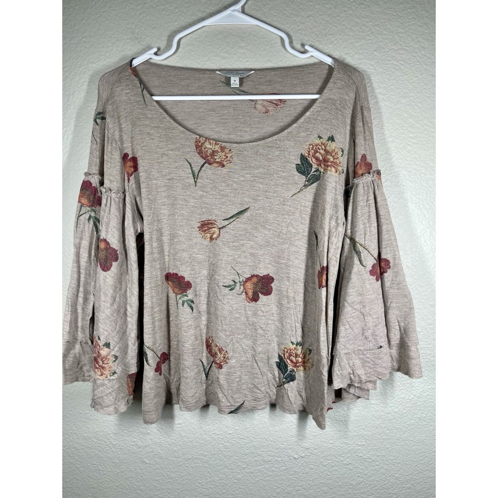 Lucky Brand Bell Sleeve BOHO Top Womens Medium Beige Floral Shimmery Cottage